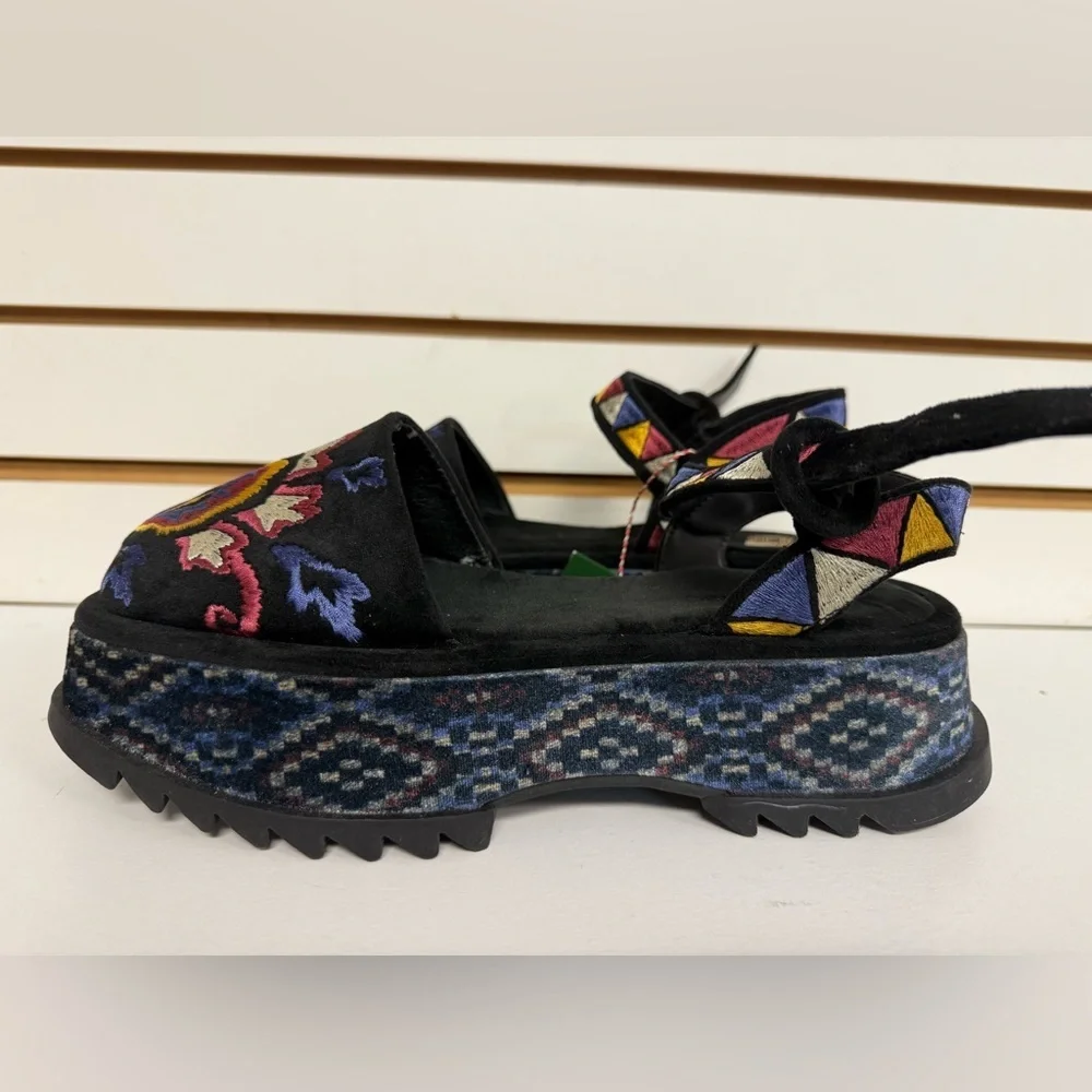 FARM Rio Black Suede Platform Sandals with Multicolor Embroidery